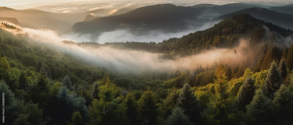 Poster A view from a height of a mountain peak with green trees in the fog.Aerial view. Panoramic shot. Generative AI