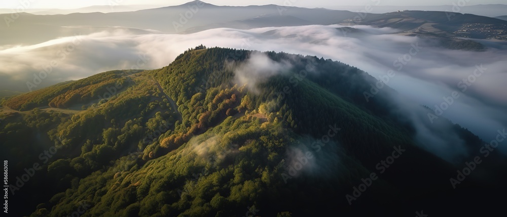 Poster A view from a height of a mountain peak with green trees in the fog.Aerial view. Panoramic shot. Generative AI