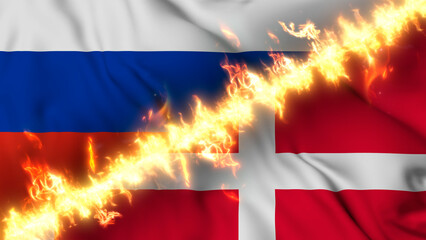 Illustration of a waving flag of russia and Denmark separated by a line of fire. Crossed flags: depiction of strained relations, conflicts and rivalry between the two countries.