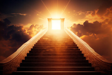 stairway sun to heaven in glory, gates of Paradise, meeting God, symbol of Christianity, art. Generative AI.