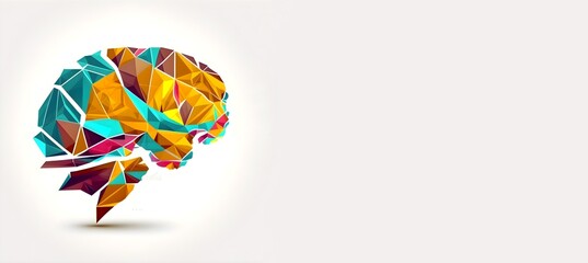 Colorful low poly style side view human brain illustration banner on white beige background with copy space