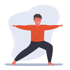 Fototapeta na wymiar The guy does yoga, gymnastics. An active lifestyle of the character. Vector flat graphics.