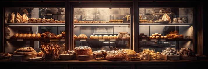 Traditional rustic bakery. Bread and other backed goods on display. Generative ai