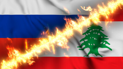 Illustration of a waving flag of russia and Lebanon separated by a line of fire. Crossed flags: depiction of strained relations, conflicts and rivalry between the two countries.