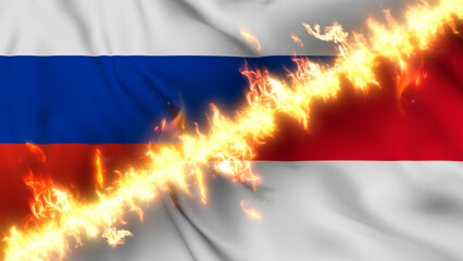 Illustration of a waving flag of russia and Monaco separated by a line of fire. Crossed flags: depiction of strained relations, conflicts and rivalry between the two countries.