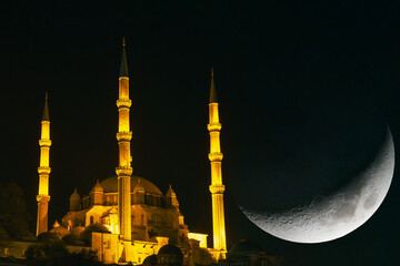 Fototapeta na wymiar Selimiye Mosque and crescent moon. Ramadan or islamic background photo