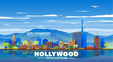 Hollywood LA (Los Angeles) skyline in the sky background. Vector Illustration. Business travel and tourism concept with modern buildings. Image for banner or website.