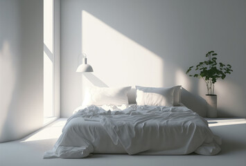 Bedroom apartment interior in minimalist style with white bed linen. Generative AI