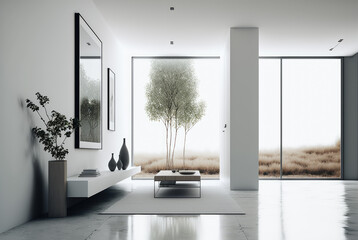 Modern clean room in apartment interior in minimalist style. Generative AI