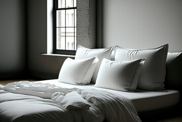 Bed in loft apartment, soft white linen. Generative AI