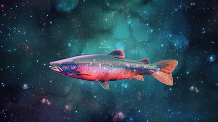 Naklejka na ściany i meble euphoria dreamy aura atmosphere, collage illustration style of a salmon fish swimming in galaxy sky, Generative Ai