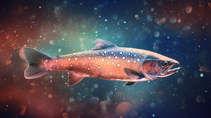 euphoria dreamy aura atmosphere, collage illustration style of a salmon fish swimming in galaxy sky, Generative Ai