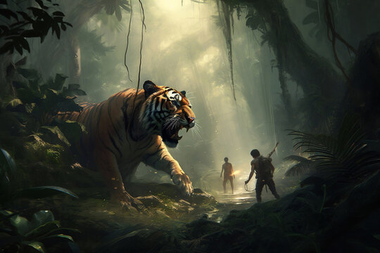 tiger attack man , fight, duel, generative ai
