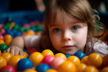 Fototapeta na wymiar Little girl pool with colour balls, created with Generative AI Technology
