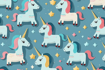 Imaginary unicorns pattern on the blue background, cartoon style. Generative AI