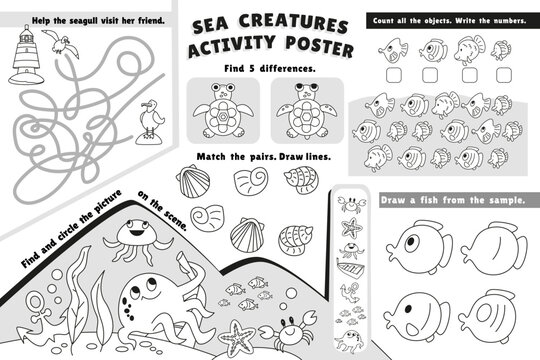 Sea creature activity poster. Connect pairs, maze, find differences, write numbers. Coloring page. Black and white games for kids in preschool. Cute cartoon characters. Vector illustration. 