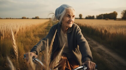 Fototapeta na wymiar Cheerful senior woman with grey hair riding bicycle in the scenic fields landscape. Portrait of happy grandmother. Outdoor nature background. Healthy lifestyle. AI generative illustration.