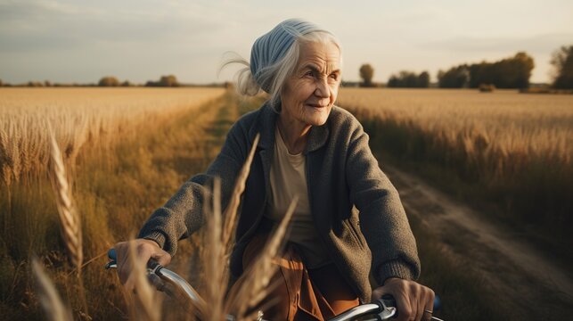 Cheerful senior woman with grey hair riding bicycle in the scenic fields landscape. Portrait of happy grandmother. Outdoor nature background. Healthy lifestyle. AI generative illustration.