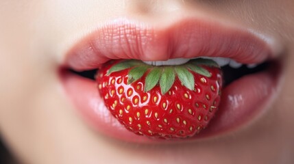 Close up of teeth biting strawberry. lips holding strawberry sexy photo style generative ai
