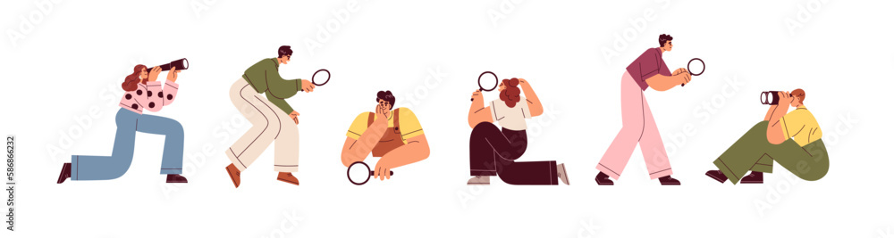 Poster people searching with magnifying glass, binoculars. curious characters looking through loupe lens. f