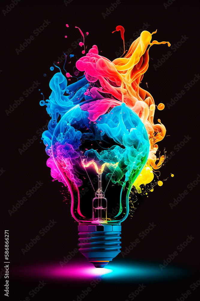 Poster colorful bulb lamp. light bulb explodes with colorful paint and splashes isolated on black. colours 