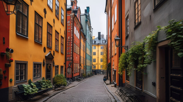 Gamla Stan. Beautiful Scandinavian scenery of Sweden. Generative AI © piai
