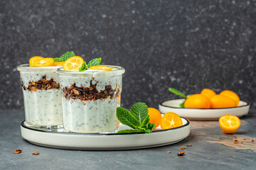Kumquat chia pudding yogurt. healthy breakfast. superfood concept. Healthy, clean eating. Vegan or gluten free diet