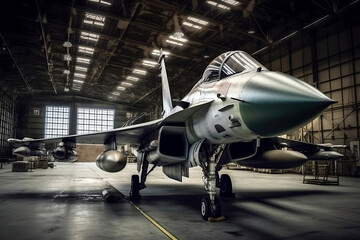 interior view of a generic military fighter jet parked inside a military barracks, generative ai