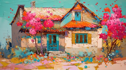 paint like illustration of Asian house in spring time, Generative Ai	
