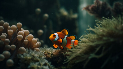 Fototapeta na wymiar A clown fish in a beautiful forest. Generative AI