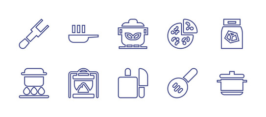 Cooking line icon set. Editable stroke. Vector illustration. Containing fork, pan, frying pan, pizza, coal, pot, cooking pot, cutting board, slotted spoon.