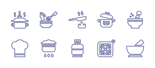Cooking line icon set. Editable stroke. Vector illustration. Containing cooking, frying pan, cooking pot, mortar, chef hat, gas cylinder, cook.