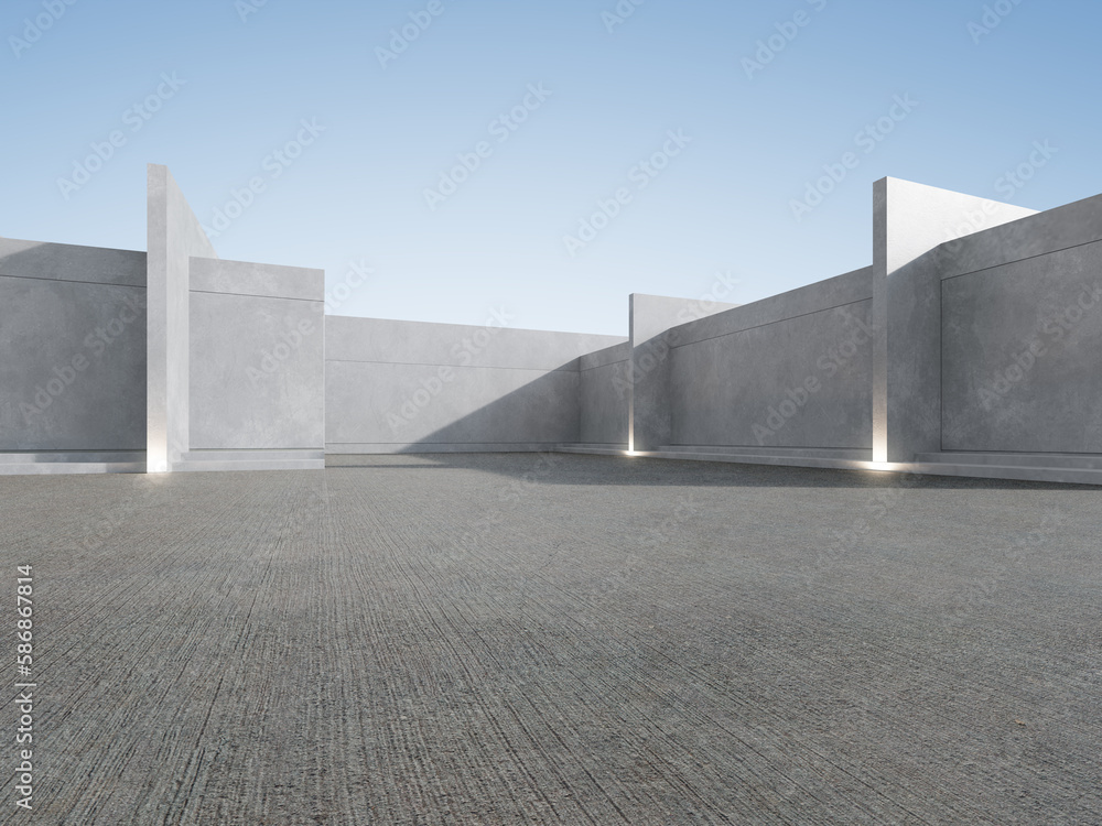 Aufkleber 3d render of abstract concrete architecture with empty concrete floor, car presentation background.