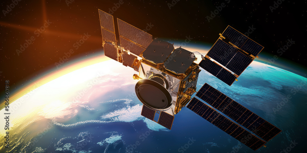 Poster revolutionizing space exploration: solar-powered satellite in orbit around planet. generative ai