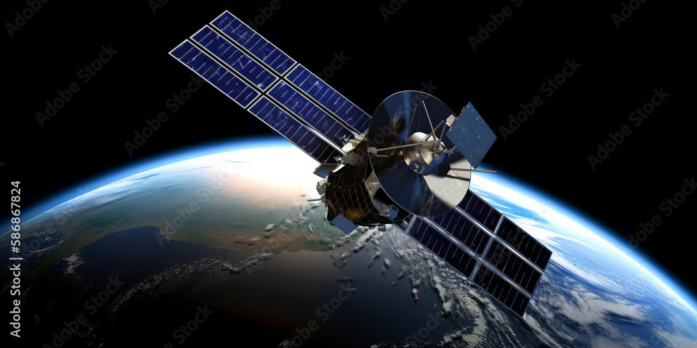 Poster revolutionizing space exploration: solar-powered satellite in orbit around planet. generative ai