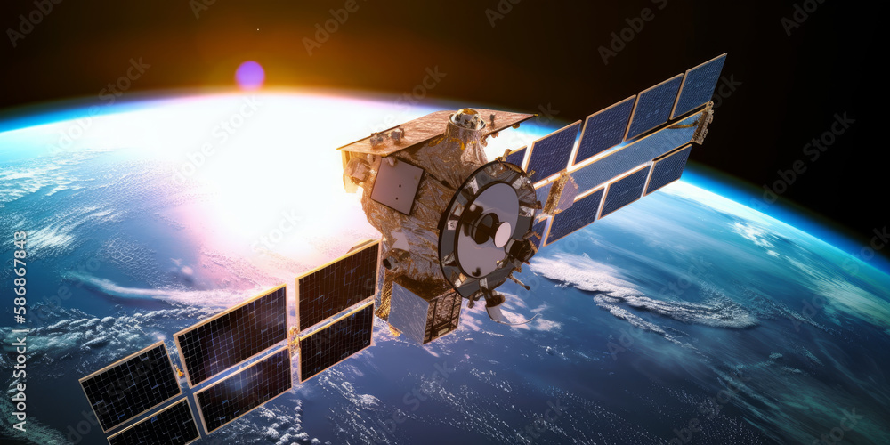 Poster revolutionizing space exploration: solar-powered satellite in orbit around planet. generative ai
