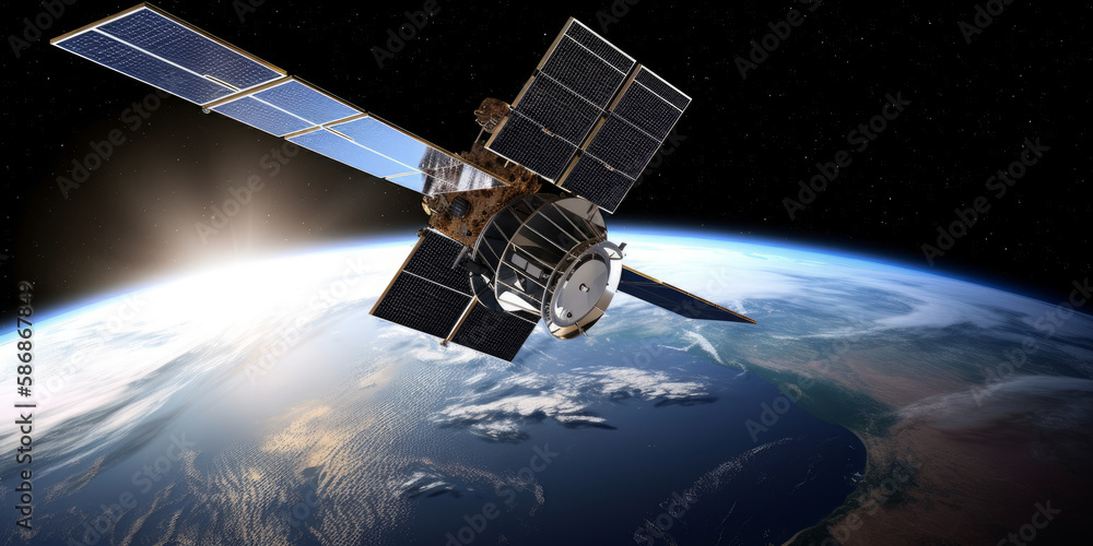 Poster revolutionizing space exploration: solar-powered satellite in orbit around planet. generative ai