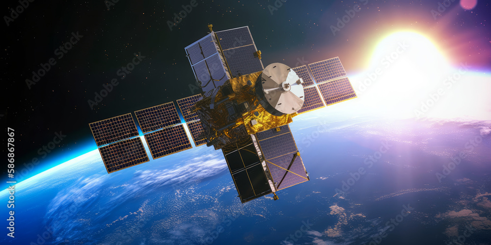 Poster revolutionizing space exploration: solar-powered satellite in orbit around planet. generative ai