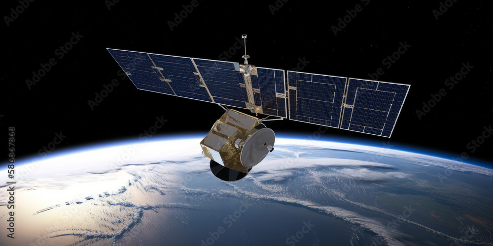 Poster revolutionizing space exploration: solar-powered satellite in orbit around planet. generative ai