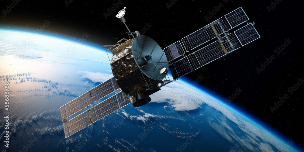 Poster revolutionizing space exploration: solar-powered satellite in orbit around planet. generative ai