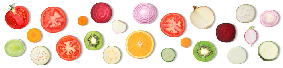 Collage with many pieces of vegetables and fruits on white background, top view