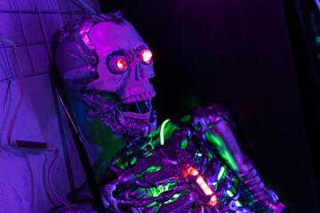 skeleton decoration in the cyberpunk theme nightclub, dark and colorful light