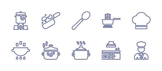 Cooking line icon set. Editable stroke. Vector illustration. Containing cooking, ladle, no cooking, cook hat, cook, stew, kitchen, chef.