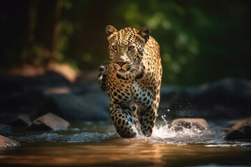leopard runs on water, in forest. Dangerous animal. wildlife animal background. Animal in a green forest stream, generative AI