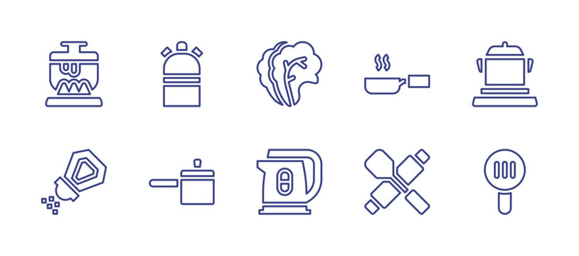 Cooking line icon set. Editable stroke. Vector illustration. Containing cooking, gas bottle, salad, frying pan, salt, pan, electric kettle, skimmer.