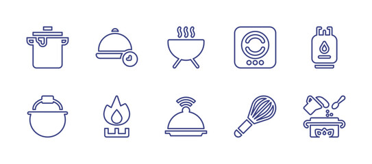 Cooking line icon set. Editable stroke. Vector illustration. Containing cooking pot, lunch time, barbecue, electric stove, gas, pot, fire, salver, whisk, cooking.