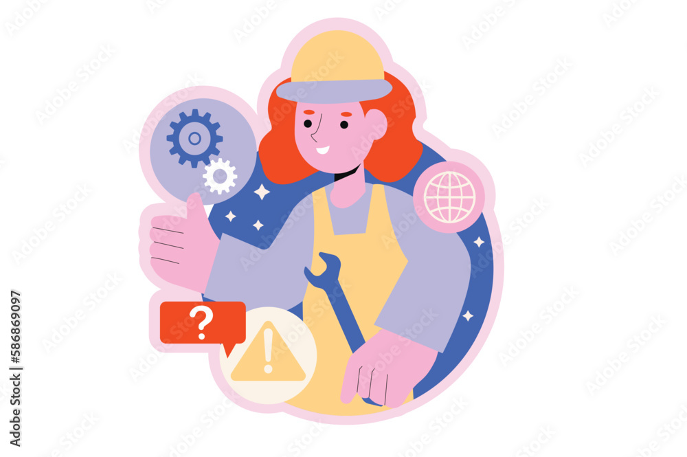 Poster technical support round concept with people scene in the flat cartoon design. support service employ