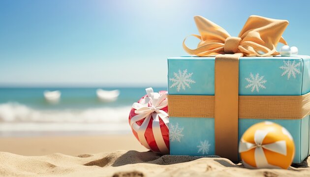 close up gift boxes on tropical summer beach with copy space, idea for summer background backdrop, Generative Ai
