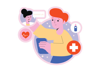 Online doctor appointment round concept with people scene in the flat cartoon style. Sick boy consults with a doctor about further treatment. Vector illustration.