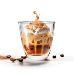 a glass cup of freshly affogato coffee with coffee beans and liguid cream on a crisp white background